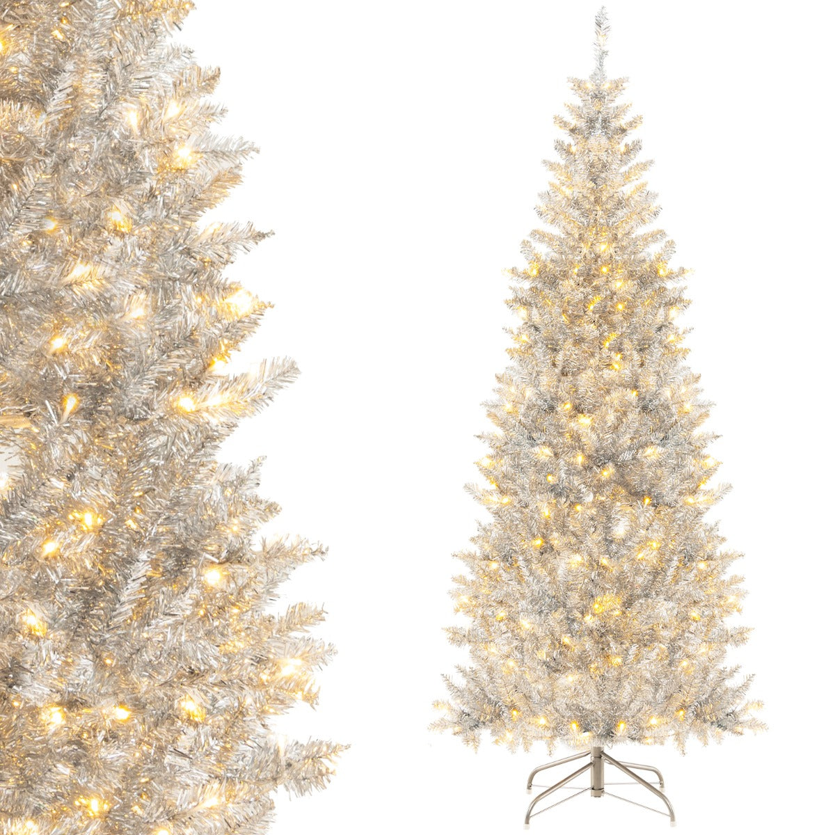 1.8 M Artificial Xmas Tree Silver with Tinsel Leaves and 790 Branch Tips