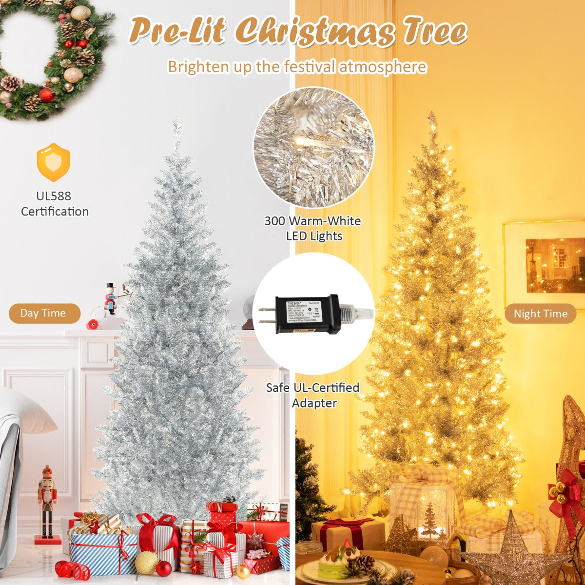 1.8 M Artificial Xmas Tree Silver with Tinsel Leaves and 790 Branch Tips