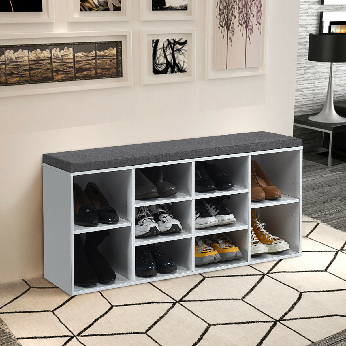 10-Cube Organizer Shoe Storage Bench  for Entryway & Hallway with Cushion