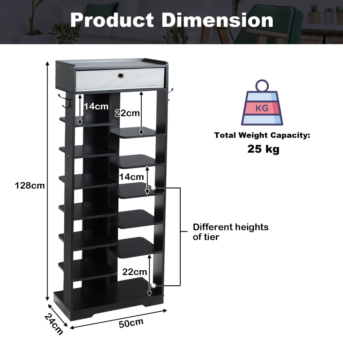 13-tier Vertical Shoe Rack with Removable Drawer