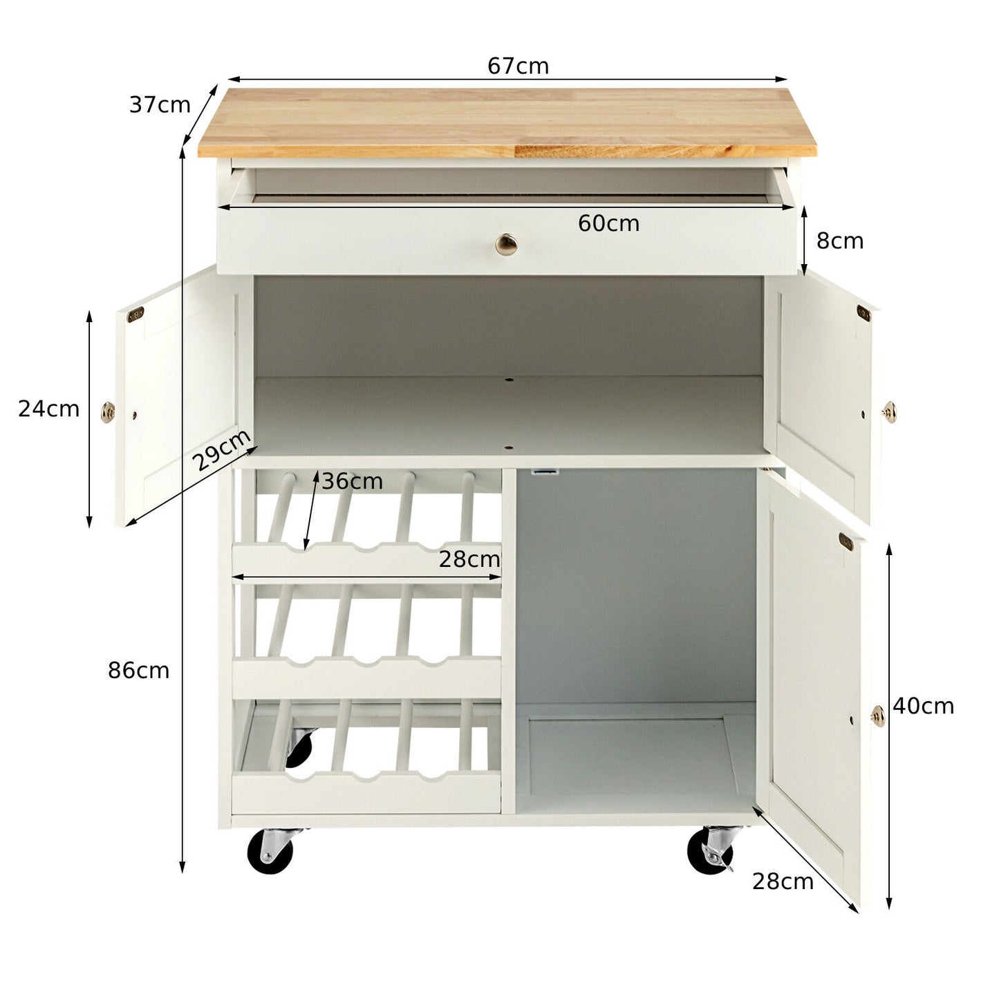 Rolling Kitchen Cart with 3 Tier Wine Racks and Cupboards