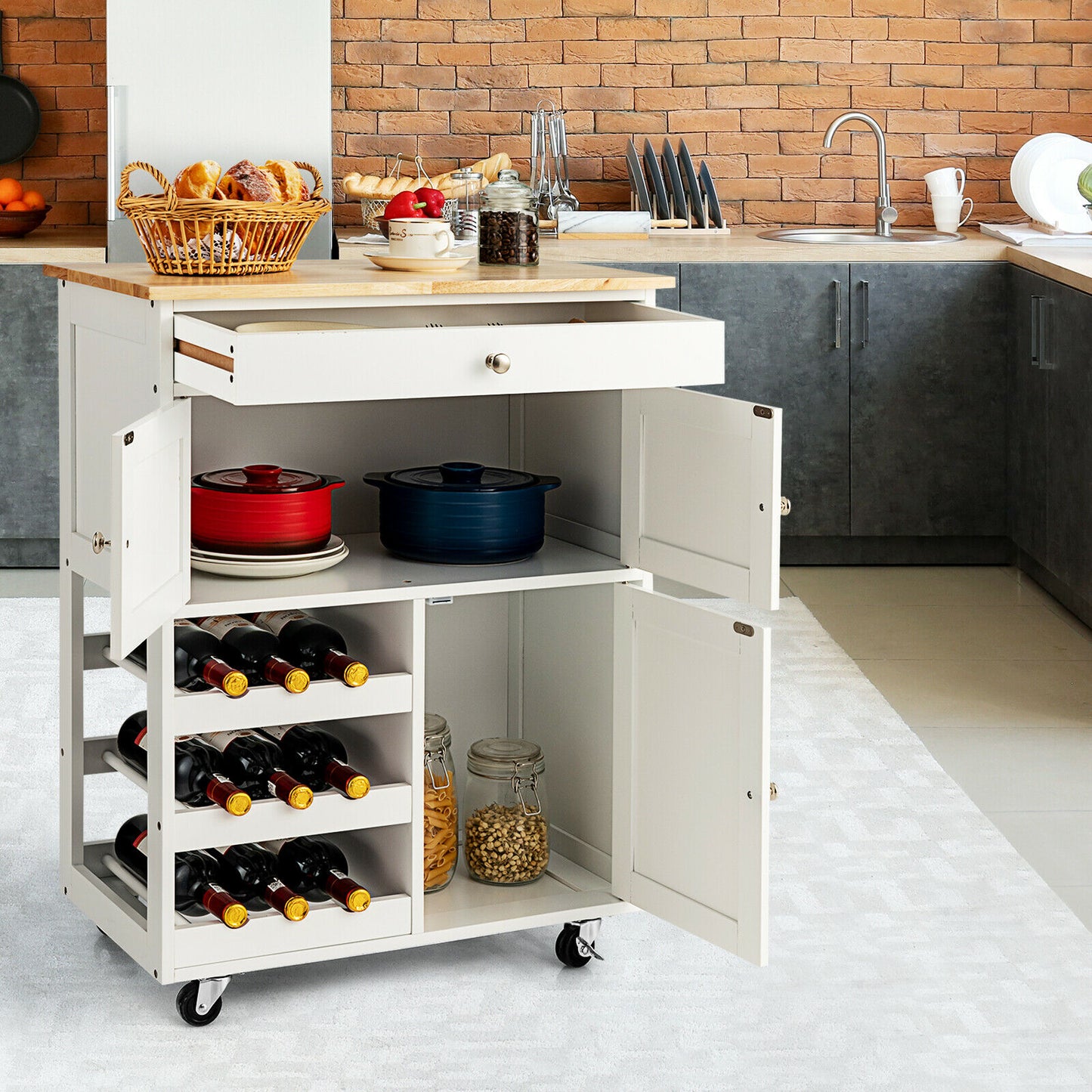 Rolling Kitchen Cart with 3 Tier Wine Racks and Cupboards