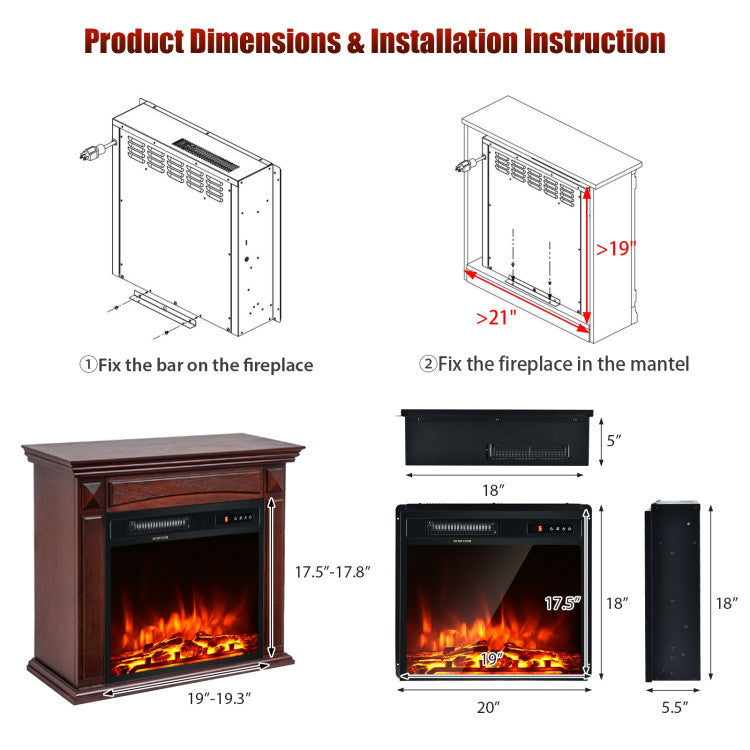 18 Inch 1500W Electric Fireplace Freestanding Heater Ultra Thin Electric Fireplace Insert Heater with Overheating Protection, Realistic Logs Flames with Remote Control