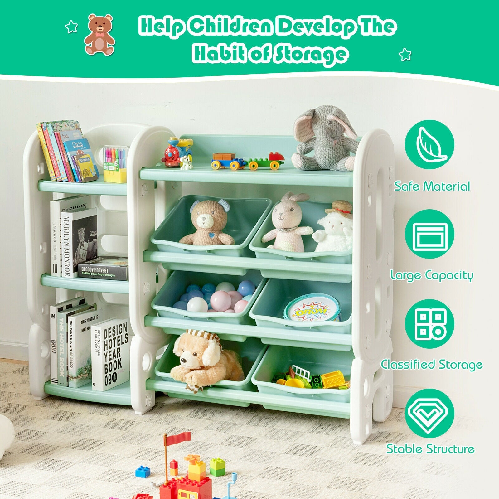 Kids Toy Storage Organizer with Bins and Multi-Layer Shelf for Living room and Playroom