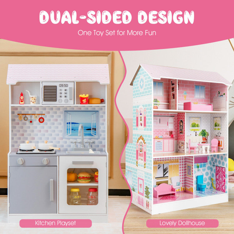 2-In-1 Double Sided Kids Pretend Kitchen Playset and Dollhouse with 6 Furniture