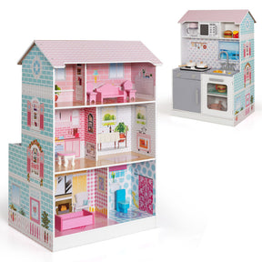 2-In-1 Double Sided Kids Pretend Kitchen Playset and Dollhouse with 6 Furniture