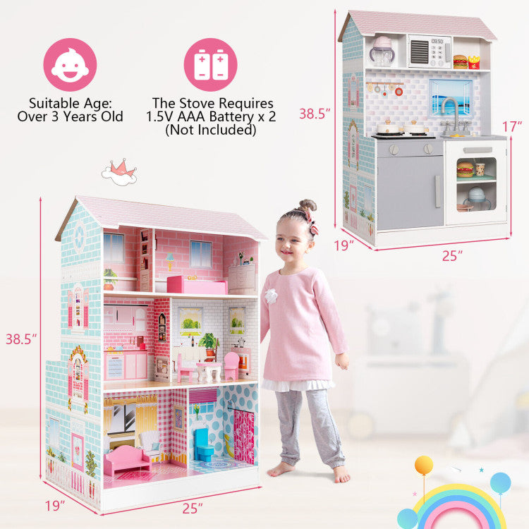 2-In-1 Double Sided Kids Pretend Kitchen Playset and Dollhouse with 6 Furniture