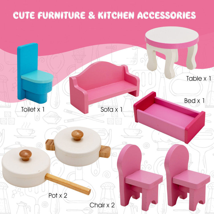 2-In-1 Double Sided Kids Pretend Kitchen Playset and Dollhouse with 6 Furniture