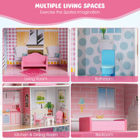 2-In-1 Double Sided Kids Pretend Kitchen Playset and Dollhouse with 6 Furniture