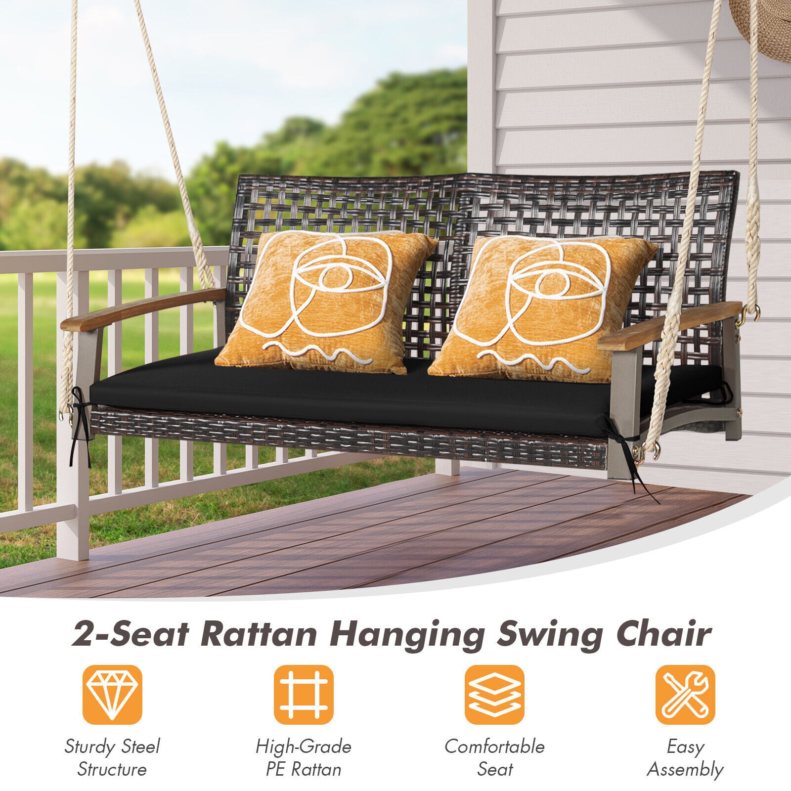 2-Person Rattan Hanging Porch Swing Chair for Patio & Pool