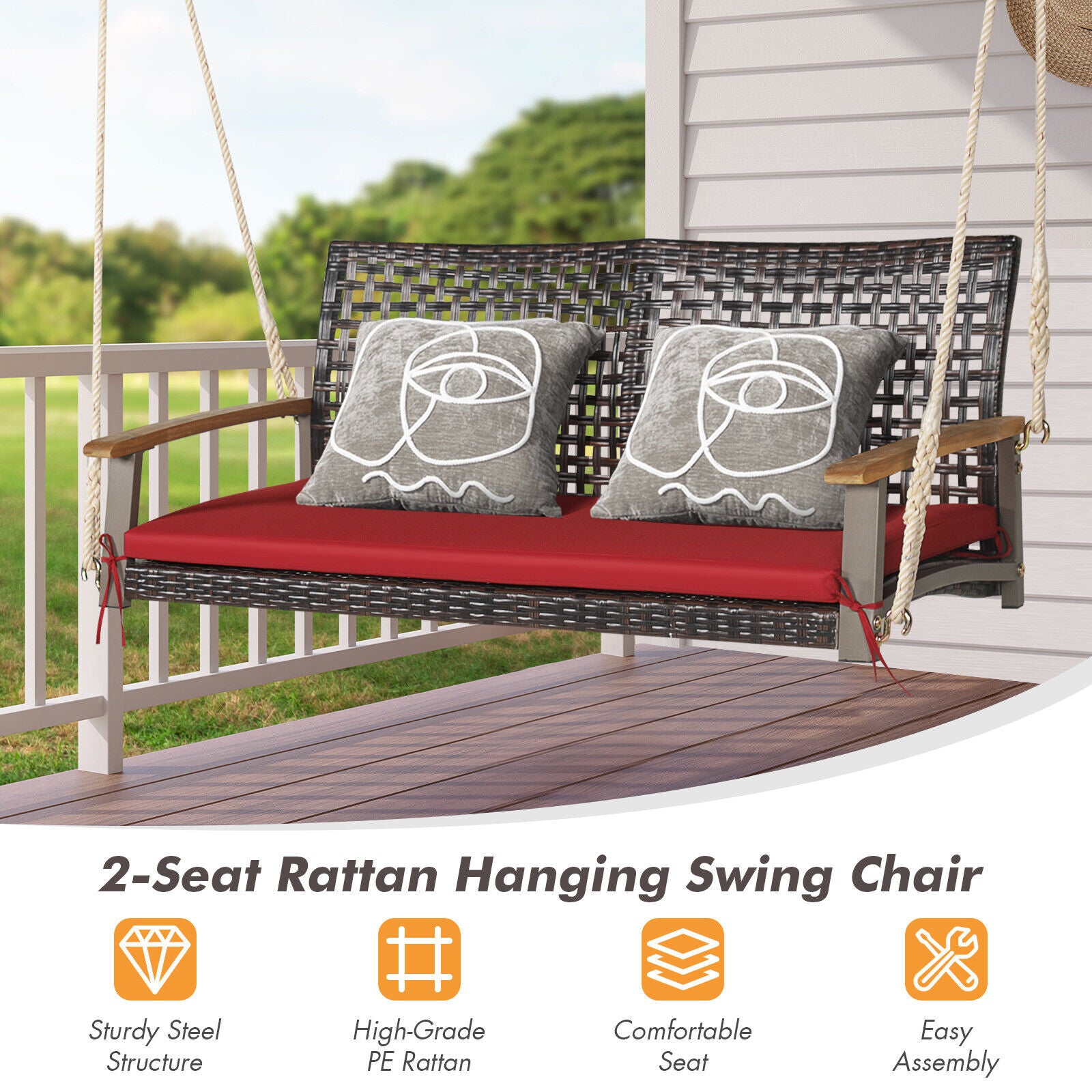 2-Person Rattan Hanging Porch Swing Chair for Patio & Pool