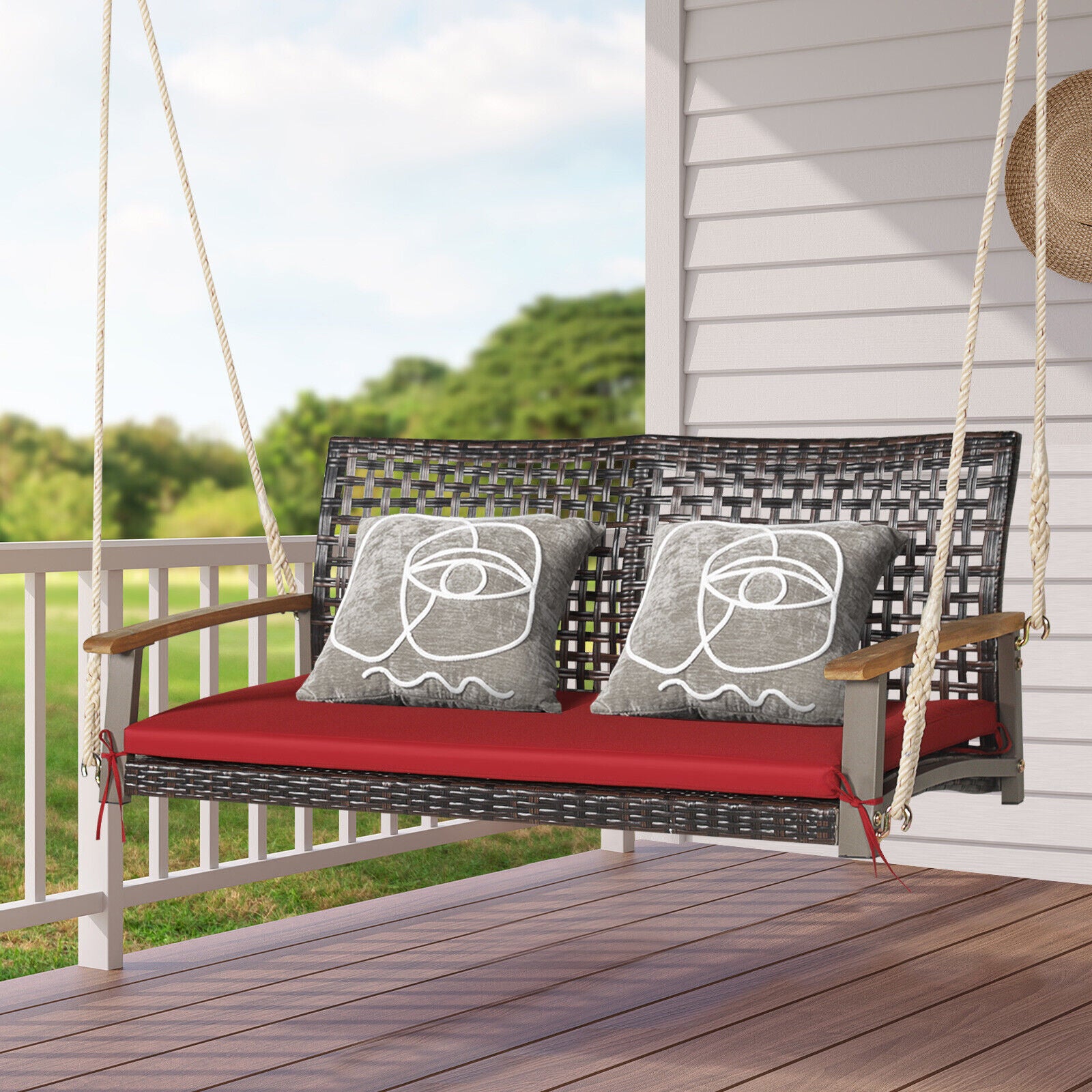 2-Person Rattan Hanging Porch Swing Chair for Patio & Pool