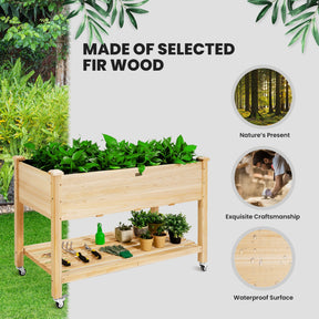 2-Tier Wooden Elevated Planter Bed with Lockable Wheels