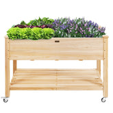 2-Tier Wooden Elevated Planter Bed with Lockable Wheels