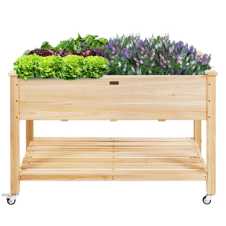 2-Tier Wooden Elevated Planter Bed with Lockable Wheels