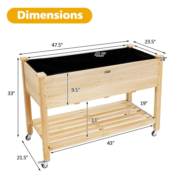 2-Tier Wooden Elevated Planter Bed with Lockable Wheels