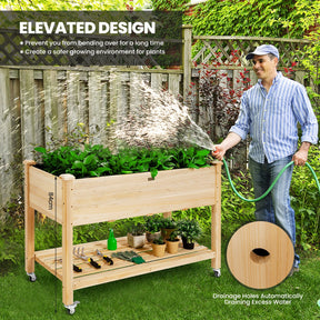 2-Tier Wooden Elevated Planter Bed with Lockable Wheels