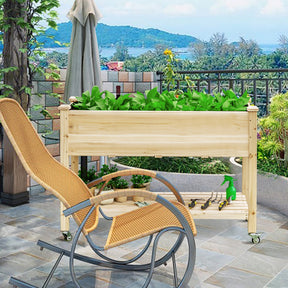 2-Tier Wooden Elevated Planter Bed with Lockable Wheels