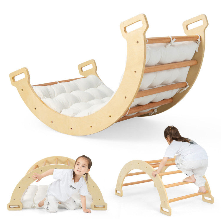 2-in-1 Arch Rocker Wooden Climber with Soft Cushion for Toddlers