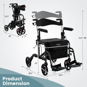 Hikidspace 2 in 1 Rollator Walker Wheelchair Folding Medical Walker Rolling Transport Chair Mobility Walking_Black