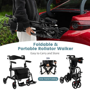 2 in 1 Rollator Walker Wheelchair Folding Medical Walker Rolling Transport Chair Mobility Walking