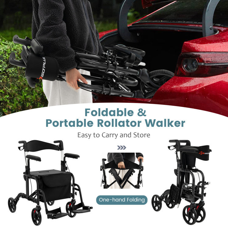 2 in 1 Rollator Walker Wheelchair Folding Medical Walker Rolling Transport Chair Mobility Walking