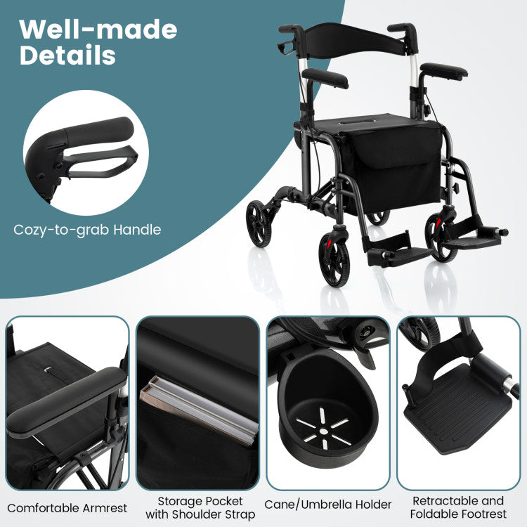 Hikidspace 2 in 1 Rollator Walker Wheelchair Folding Medical Walker Rolling Transport Chair Mobility Walking_Black