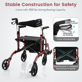 Hikidspace 2 in 1 Rollator Walker Wheelchair Folding Medical Walker Rolling Transport Chair Mobility Walking_Red