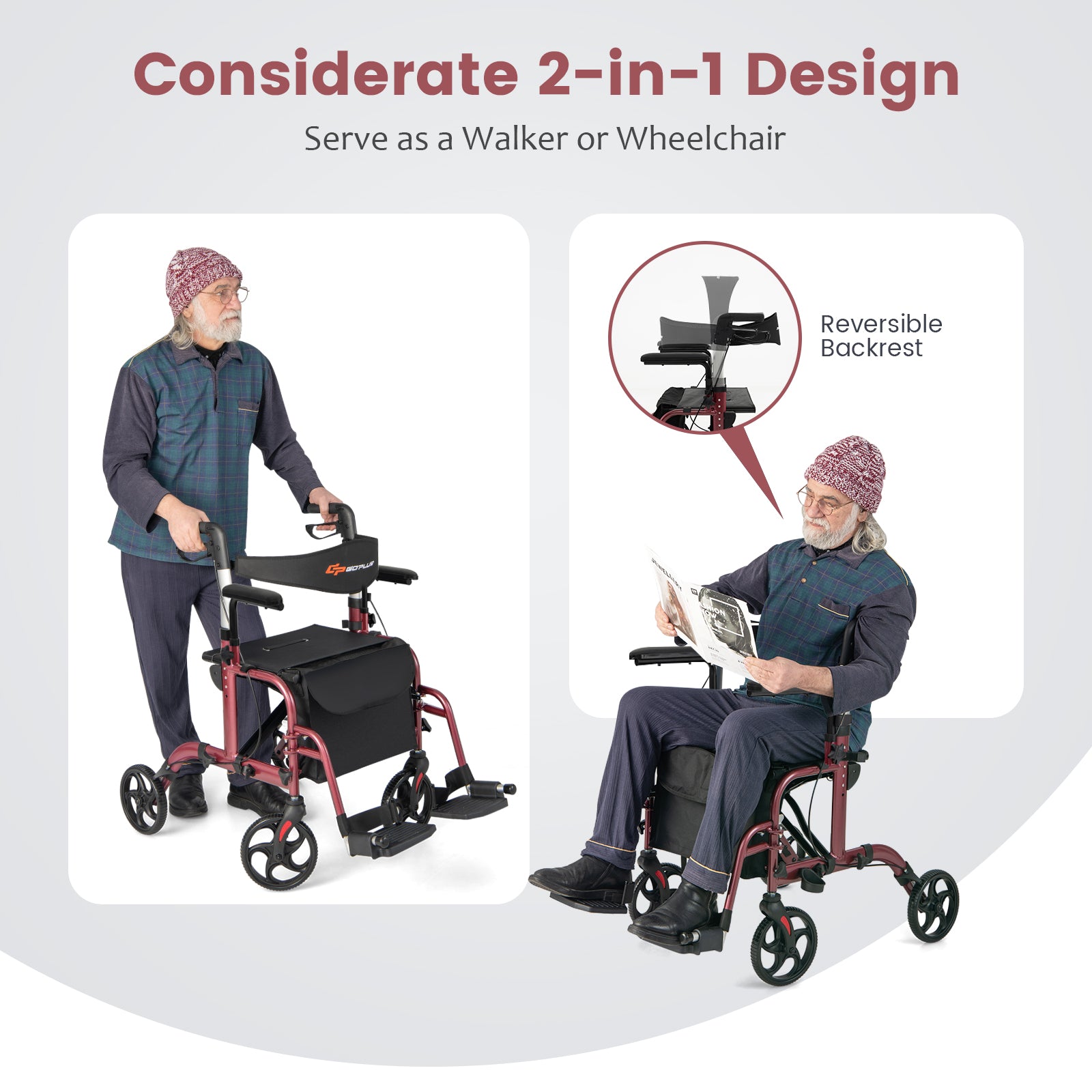 Hikidspace 2 in 1 Rollator Walker Wheelchair Folding Medical Walker Rolling Transport Chair Mobility Walking_Red