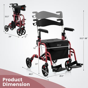 2 in 1 Rollator Walker Wheelchair Folding Medical Walker Rolling Transport Chair Mobility Walking