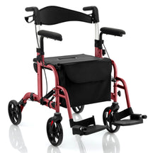 Hikidspace 2 in 1 Rollator Walker Wheelchair Folding Medical Walker Rolling Transport Chair Mobility Walking_Red