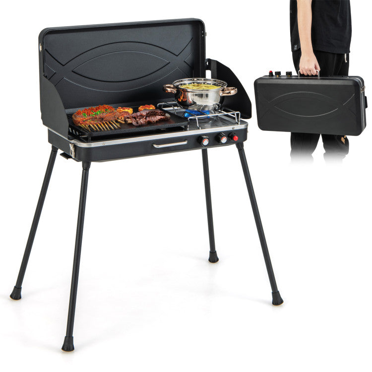 2-in-1 Outdoor Gas BBQ Grill and Stove with Detachable Foldable Legs for Picnic and Camping