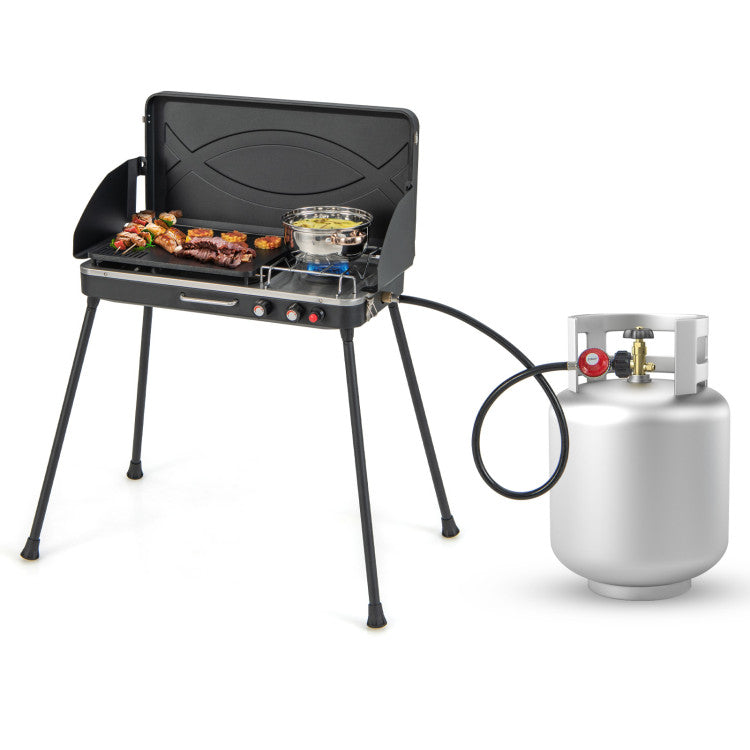 2-in-1 Outdoor Gas BBQ Grill and Stove with Detachable Foldable Legs for Picnic and Camping