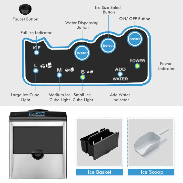 2-in-1 Stainless Steel Countertop Ice Maker with Water Dispenser