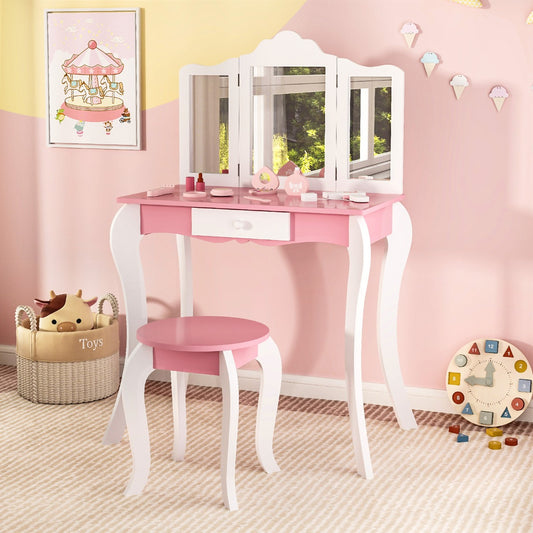 Kids Vanity Set with Tri-folding Acrylic Mirror TOP 20 Bonus Trinkets Set