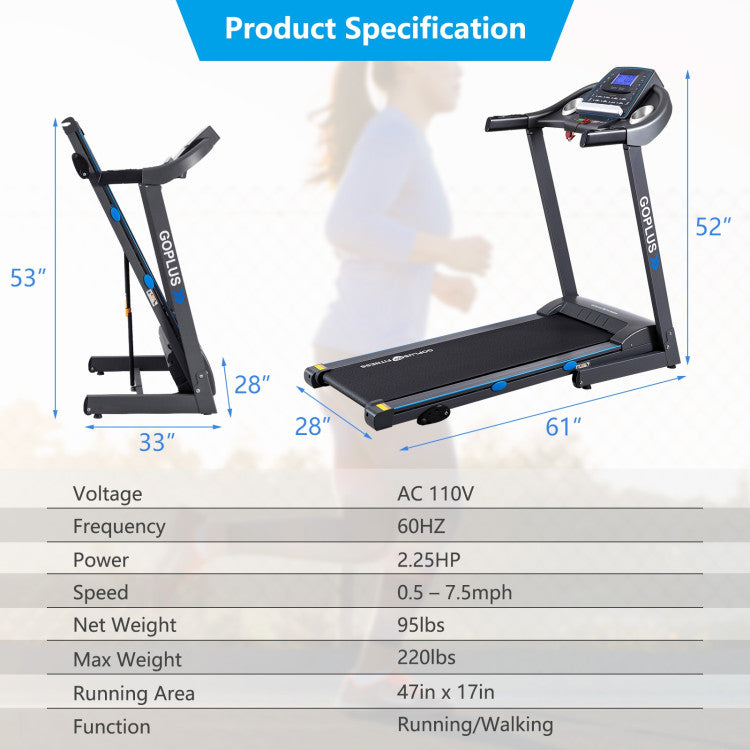 2.25 HP Folding Electric Motorized Power Treadmill with Backlit LCD Display