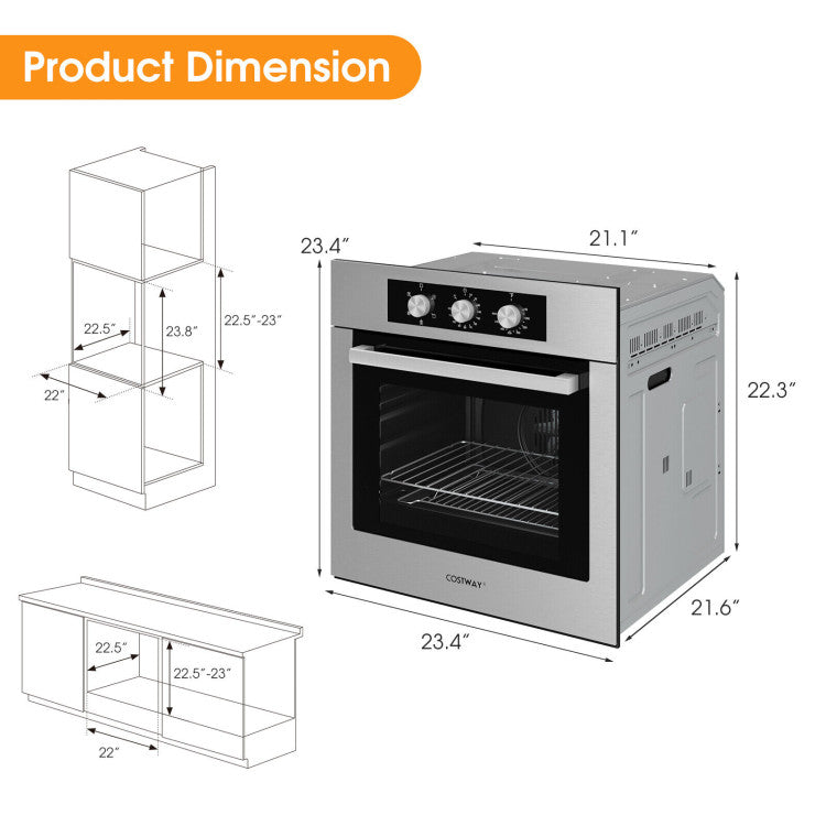 24 Inch Single Wall Mounted Oven 2.47Cu.ft with 5 Cooking Modes