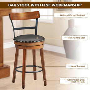 2 Pieces 360-Degree Bar Swivel Stools with Leather Padded and Backrest