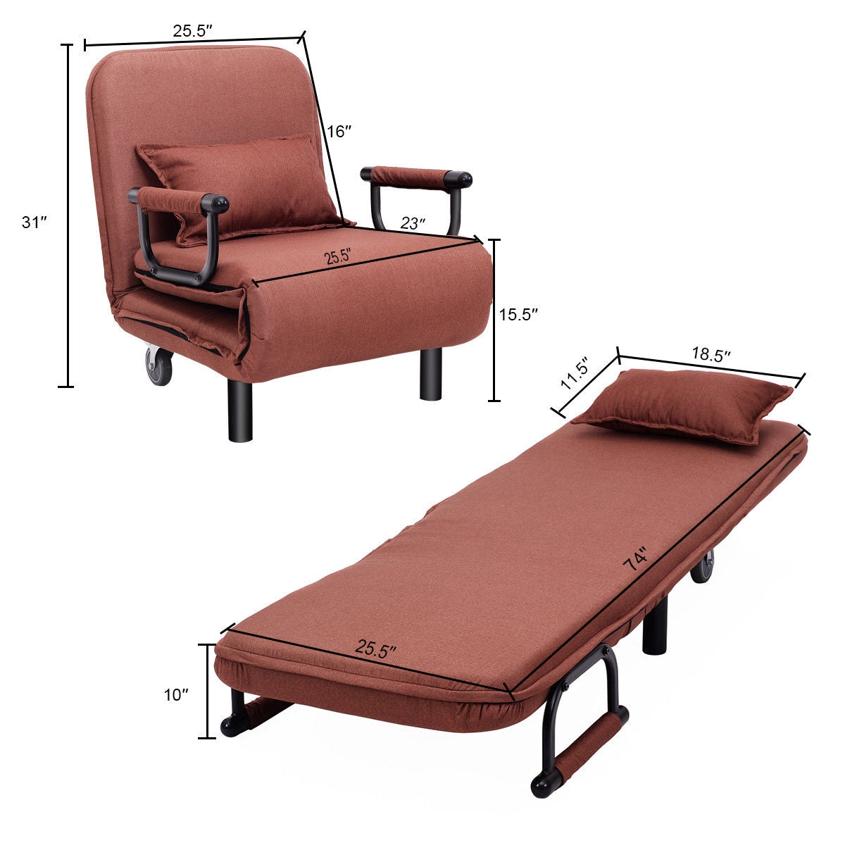 26.5 Inch Folding Leisure Recliner Sofa Bed with silent wheels & adjustable backrest