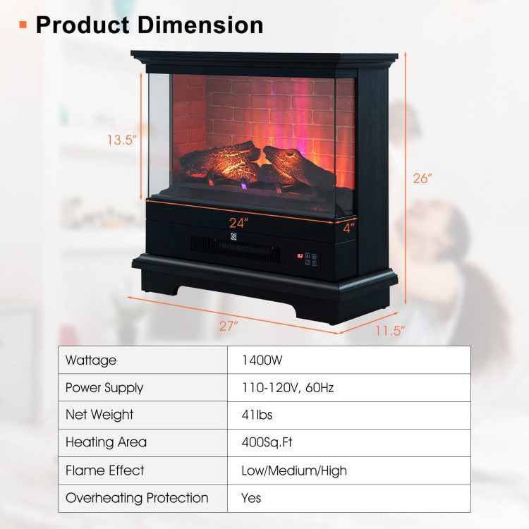 27 Inch Freestanding Electric Fireplace with 3-Level Adjustable Brightness Thermostat