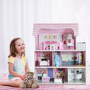 28 Inch  Pink Wooden Dreamy Classic Dollhouse for Kids with Toy Furniture