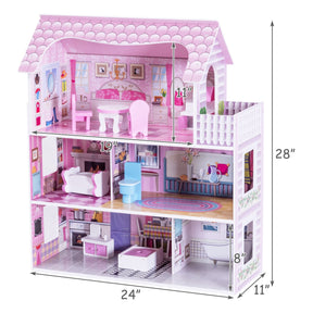 28 Inch  Pink Wooden Dreamy Classic Dollhouse for Kids with Toy Furniture