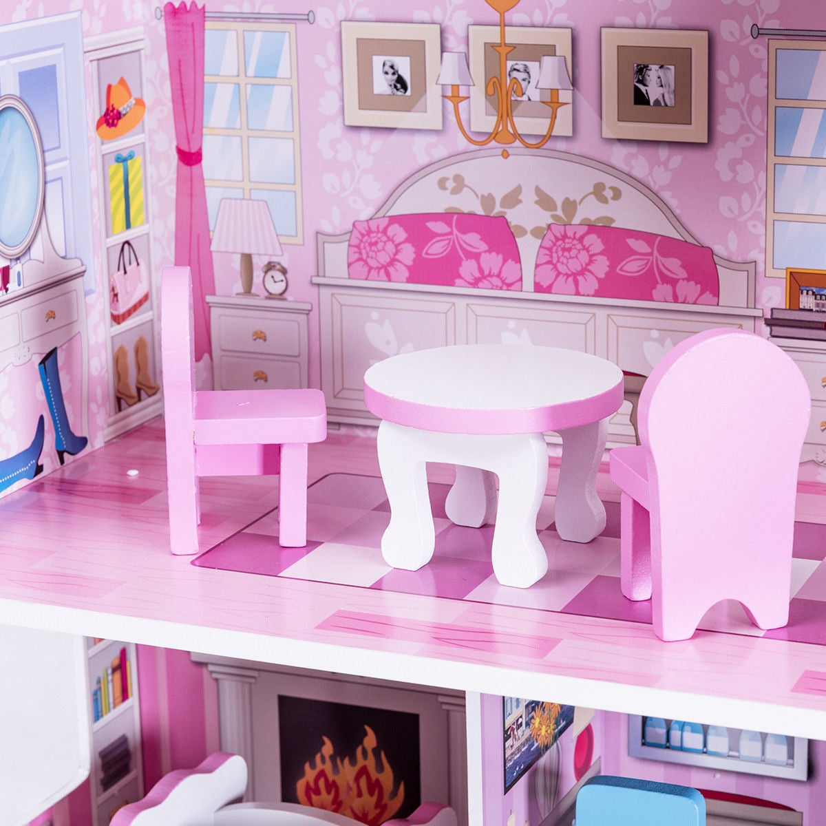 28 Inch  Pink Wooden Dreamy Classic Dollhouse for Kids with Toy Furniture