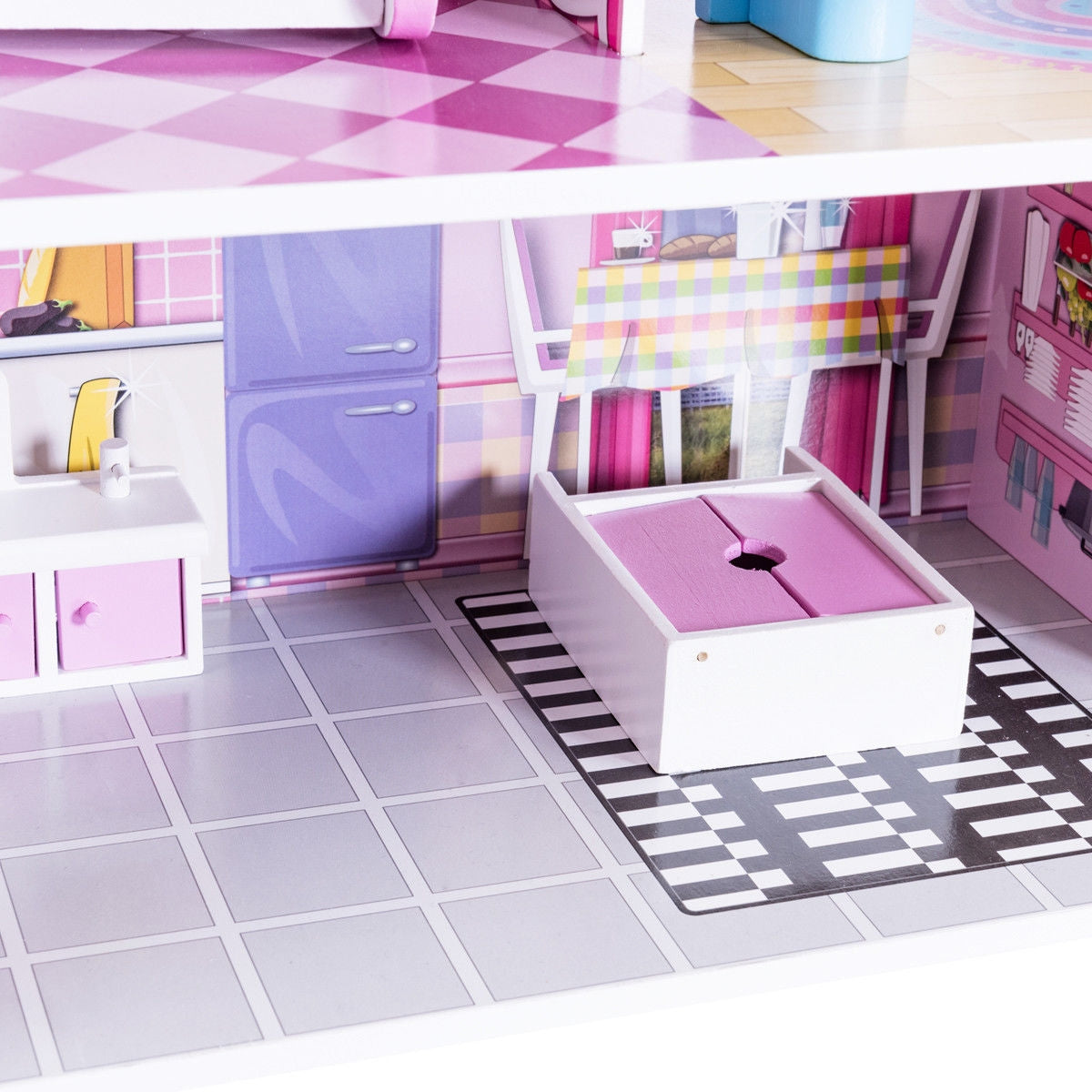 28 Inch  Pink Wooden Dreamy Classic Dollhouse for Kids with Toy Furniture