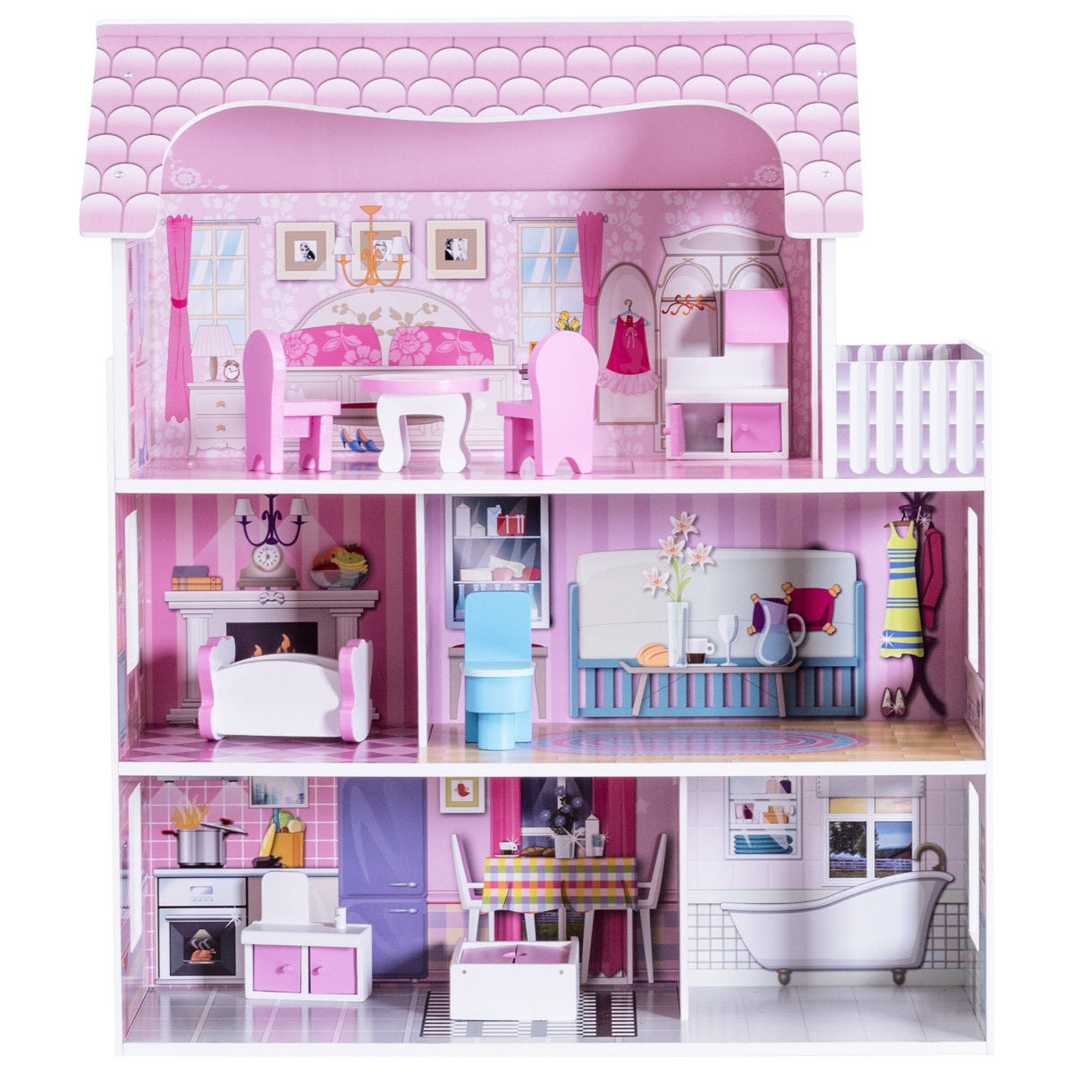 28 Inch  Pink Wooden Dreamy Classic Dollhouse for Kids with Toy Furniture