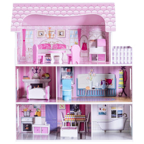 28 Inch  Pink Wooden Dreamy Classic Dollhouse for Kids with Toy Furniture