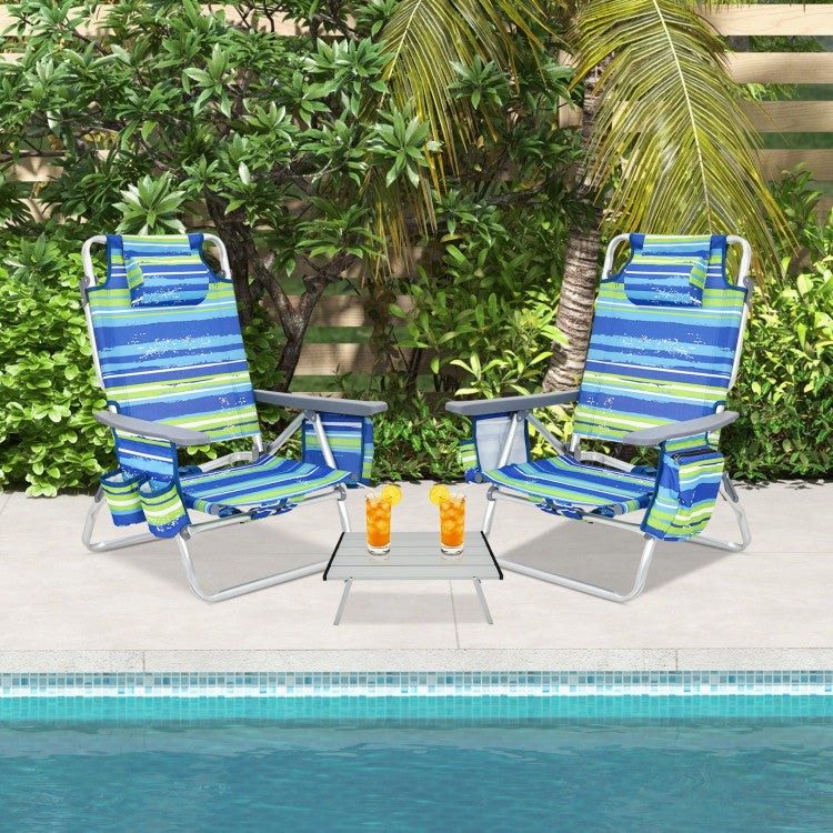 Hikidspace 2-Pack 5 Adjustable Position Folding Beach Table Recliners Set with Cup Holders