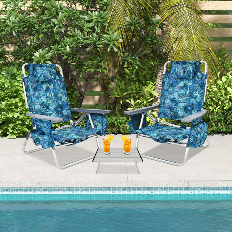 Hikidspace 2-Pack 5 Adjustable Position Folding Beach Table Recliners Set with Cup Holders