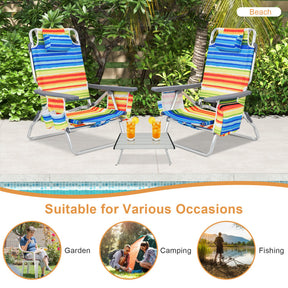 Hikidspace 2-Pack 5 Adjustable Position Folding Beach Table Recliners Set with Cup Holders