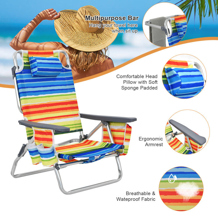 Hikidspace 2-Pack 5 Adjustable Position Folding Beach Table Recliners Set with Cup Holders